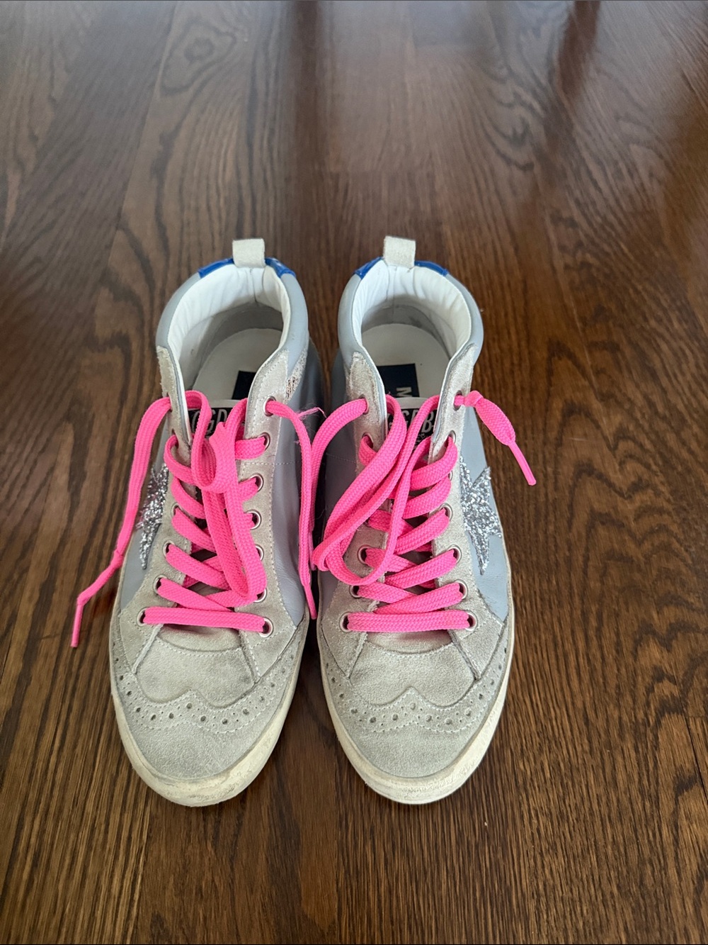 Golden Goose Grey w Silver Star Sneakers with Hot Pink Laces and Blue Heel